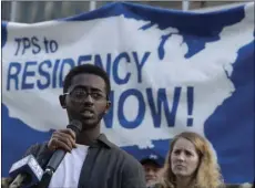  ??  ?? Mazin Ahmed, from Sudan, speaks at a news conference announcing a lawsuit against the Trump administra­tion over its decision to end a program that lets immigrants live and work legally in the United States outside of a federal courthouse in San...