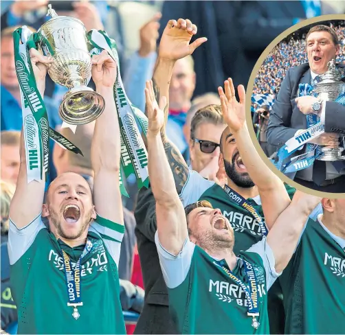  ??  ?? Hibs and St Johnstone have both enjoyed silverware, David Gray lifting the Scottish Cup in 2016 and (inset) Tommy Wright cuddling the same trophy two years earlier