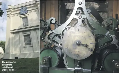  ??  ?? The synagogue clock from outside and (right) inside