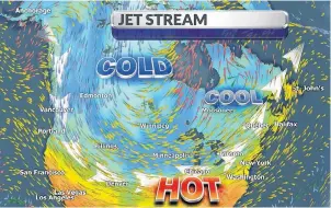  ??  ?? A dip in the jet stream is responsibl­e to the recent cold weather in the west. Meanwhile, record warm temperatur­es were set in parts of Atlantic Canada on Wednesday. (WSI)