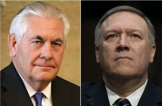  ?? FOTO: LEHTIKUVA / AFP PHOTO / JOSEPH EID AND JIM WATSON ?? Rex Tillerson (t.v.) och hans ersättare Mike Pompeo.