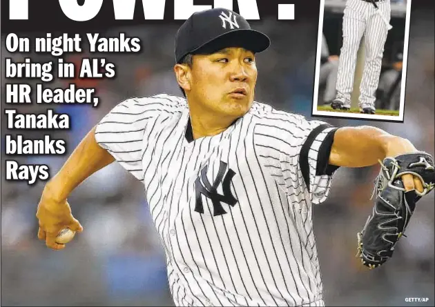  ?? GETTY/AP ?? Edwin Encarnacio­n (inset), with AL-leading 21 HRs, steps into lineup, but Yanks hardly need him as Masahiro Tanaka spins 2-hit shutout.