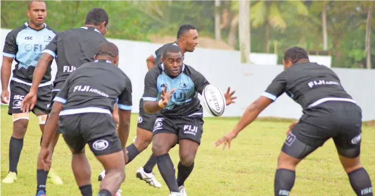  ?? Photo: Ronald Kumar ?? Fiji Airways Fijian Drua players go through their training drill at the University of South Pacific ground in Suva on August 10, 2018.