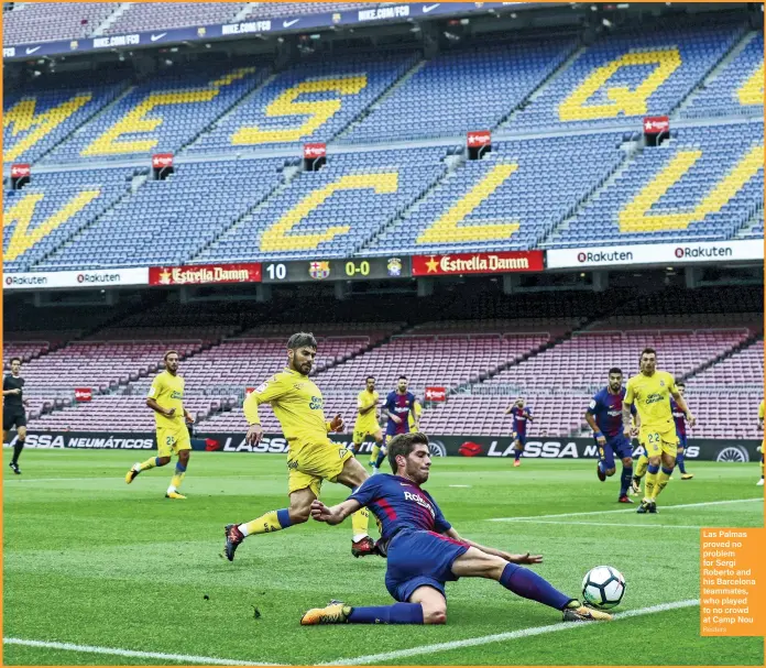  ??  ?? Las Palmas proved no problem for Sergi Roberto and his Barcelona teammates, who played to no crowd at Camp Nou