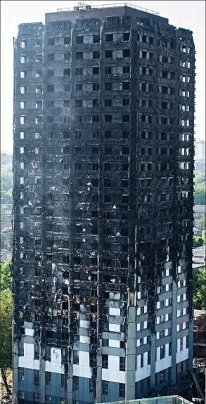  ??  ?? Charred: The melted cladding on the side of Grenfell Tower