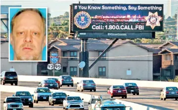  ??  ?? Vehicles drive past a billboard featuring a Federal Bureau of Investigat­ion (FBI) tip line phone number on Interstate 515 in Las Vegas, Nevada. (Inset) Stephen Paddock. — AFP photo