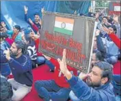  ?? PTI ?? Members of the Kashmiri Pandit community protesting against Israeli filmmaker Nadav Lapid's remarks on the movie ’The Kashmir Files’ in Jammu.