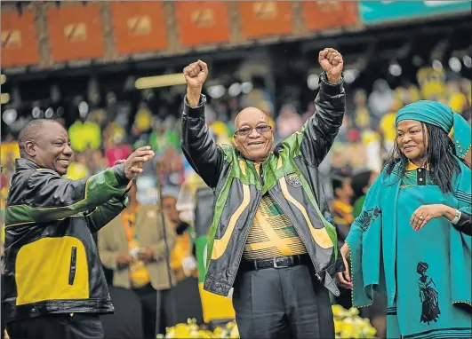  ?? Picture: DAYLIN PAUL ?? IN HIGH SPIRITS: President Jacob Zuma is flanked by Deputy President Cyril Ramaphosa and chairwoman of the NEC Baleka Mbete as the ANC celebrates the 105th anniversar­y of the founding of the African National Congress yesterday at Orlando stadium in...