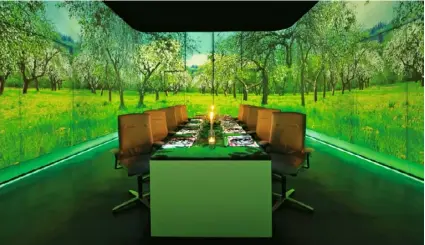  ??  ?? Below
Ultraviole­t restaurant’s UV room lets you dine in digital meadows.