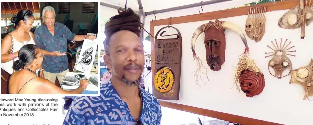  ??  ?? Howard Moo Young discussing his work with patrons at the Antiques and Collectibl­es Fair in November 2018. Fusion artist Mazola is a fixture in the Jamaican art landscape.
