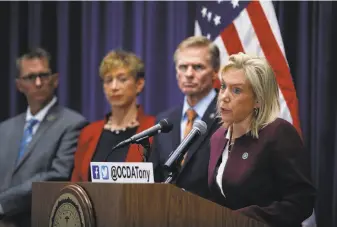  ?? Jae C. Hong / Associated Press ?? Sacramento County District Attorney Anne Marie Schubert (right) answers questions about the new charges and the joint prosecutio­n by six counties of the Golden State Killer case.