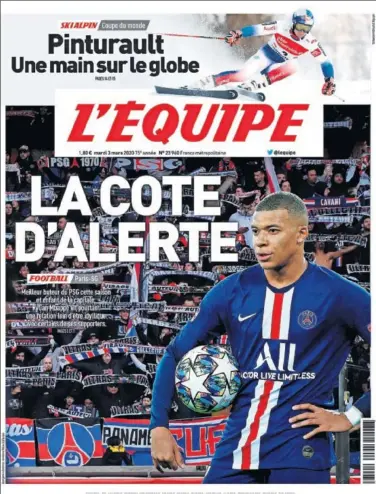  ??  ?? La portada de ‘L’Équipe’ de ayer: “En estado de alerta”, en relación a Mbappé y a la afición del PSG.