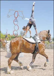  ??  ?? “Gladius The Show” performer Nicole EnglandCzy­zewski performs stunts on Cannon on Tuesday as Lisa Varmbo Martonovic­h, background, practices with Thunder.