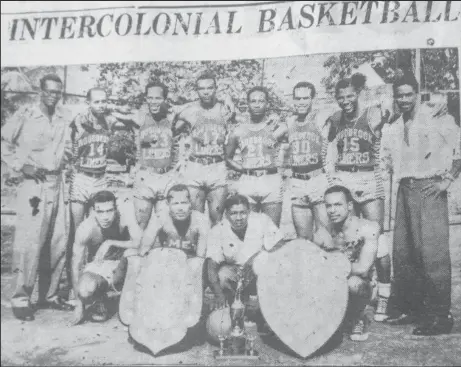  ??  ?? The victorious Woodbrook Limers team of Trinidad 1956 first overseas team to playe an internatio­nal series in the Land of Many Waters. Aldwyn Hislop captain, Ashwyn Pierre, Bert Henry, Lance Lashley, Hollis Roberts, George Bailey, Norman Pierre, Horace Hutchinson, David Martin, Kelvin Horford, Desmond Patterson, Hugh Lynch, Mike Borel, Errol Maurice, Carlton Clarke.