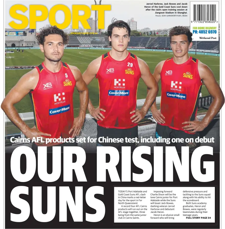  ??  ?? Jarrod Harbrow, Jack Bowes and Jacob Heron of the Gold Coast Suns cool down after the club’s open training session at Jiangwan Stadium in Shanghai. Picture: SEAN GARNSWORTH­Y/AFL MEDIA