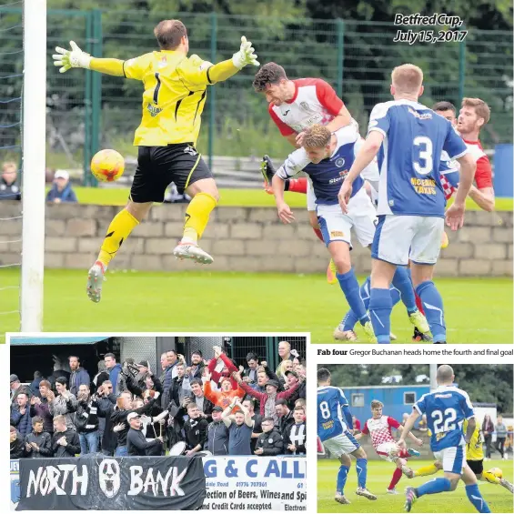  ??  ?? Ecstatic
Victory is sweet as the Saints fans celebrate
Fab four
Gregor Buchanan heads home the fourth and final goal