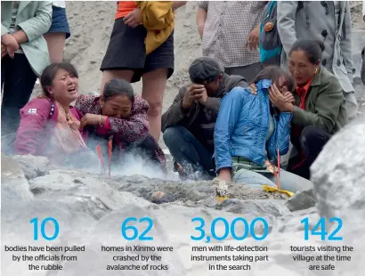  ??  ?? Women react at the site of a landslide in the village of Xinmo, Sichuan Province, China, on Sunday. —