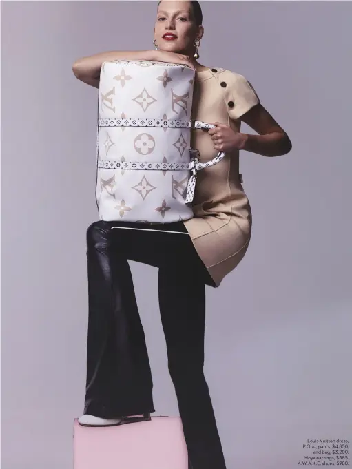  ??  ?? Louis Vuitton dress, P.O. A., pants, $4,850, and bag, $3,200. Moya earrings, $385. A.W. A. K. E. shoes, $980.