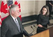  ?? LARS HAGBERG / AFP / GETTY IMAGES ?? Canada’s Minister of Foreign Affairs Chrystia Freeland and U.S. Secretary of State Rex Tillerson meet in Ottawa last month to announce a summit of foreign ministers to seek progress on the North Korean nuclear threat. The summit gets underway Tuesday...