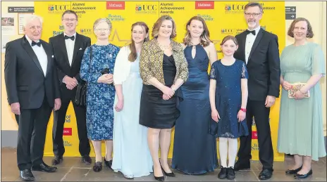  ?? (Pic: John Allen) ?? UCC Alumni award winner Judge Helen Boyle pictured with family at the UCC Alumni Achievemen­t Awards last Friday - parents Joe and Bernadette Boyle, brother Eoghan Boyle, husband Brian Murphy, children Elizabeth, Katherine and Grace, and sister Bernadette Boyle.