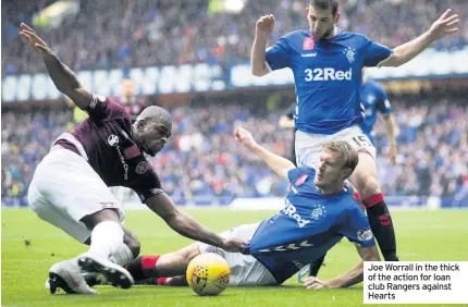  ??  ?? Joe Worrall in the thick of the action for loan club Rangers against Hearts