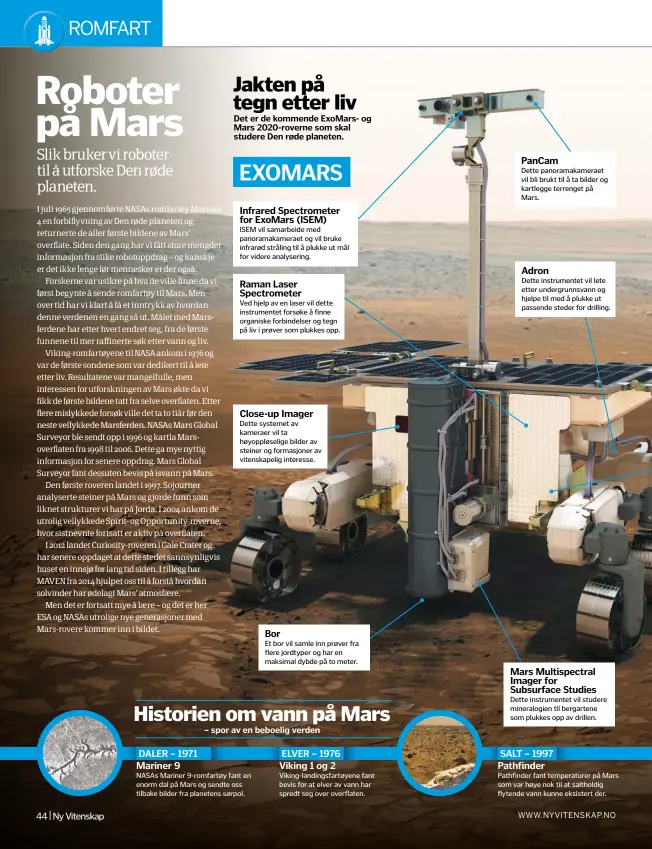  ??  ?? Jakten på tegn etter liv
Det er de kommende ExoMars- og Mars 2020-roverne som skal studere Den røde planeten. Infrared Spectromet­er for ExoMars (ISEM)
ISEM vil samarbeide med panoramaka­meraet og vil bruke infrarød stråling til å plukke ut mål for...