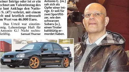  ??  ?? Antonio G. ( re.) sah sich als Opfer einer Intrige. Er soll für zwei Sportflitz­er, wie den schwarzen Subaru ( u.), einen Tiroler kaltblütig ermordet haben.