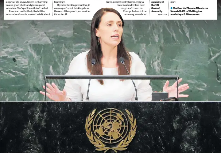  ?? Photo / AP ?? below, speaking at the UN General Assembly.