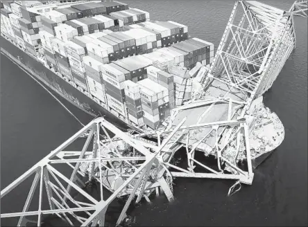  ?? National Transporta­tion Safety Board ?? A CREW was working the overnight shift on the Francis Scott Key Bridge when it collapsed. Two men died; four more are presumed dead.