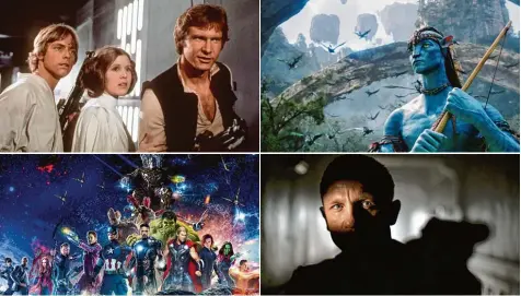  ?? Fotos: Fox, Disney, Sony, dpa ?? Schon jetzt gehören „Star Wars“(oben links) und die Marvel Helden (unten links) zu Walt Disney. Bald folgt mit „Avatar“(oben rechts) die nächste große Marke. Gerüchte weise könnte auch die James Bond Reihe bald Teil des Maus Konzerns sein.