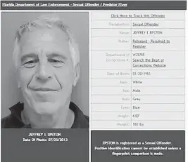  ?? FLORIDA SEX OFFENDER REGISTRY ?? We do not believe U.S. Labor Secretary Alex Acosta should resign. We do believe, though, that Congress should investigat­e the outrageous plea deal he gave sexual predator Jeffrey Epstein as U.S. Attorney in South Florida, says the Sun Sentinel Editorial Board.