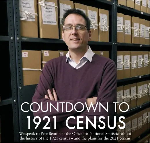  ??  ?? Pete Benton in front of the 1921 census held at the Office for National Statistics. It occupies 1.6 km of shelving, made up of about 8.5 million questionna­ires in 28,152 volumes