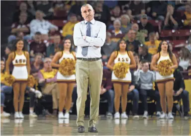  ??  ?? Arizona State head coach Bobby Hurley reacts after a timeout before complainin­g to the officials during the first half against Princeton at Wells Fargo Arena on Dec. 29.