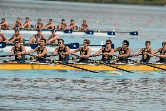  ?? PHOTO: STEVE MCARTHUR/ROWING NEW ZEALAND ?? Auckland Grammar No 2 eight power up Lake Ruataniwha at the Maadi Cup regatta.