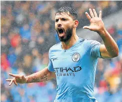  ?? Picture: Dan Mullan/Getty Images ?? Sergio Aguero of Manchester City celebrates after scoring his team's first goal in their 5-0 win over Cardiff City yesterday.