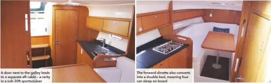  ??  ?? A door next to the galley leads to a separate aft cabin – a rarity in a sub-30ft sportscrui­ser
The forward dinette also converts into a double bed, meaning four can sleep on board