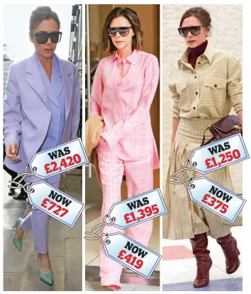  ??  ?? Reduced: Lavender coat and trousers and pink two-piece. The kilt is £875 off