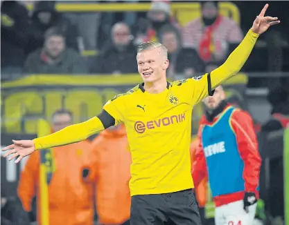  ??  ?? Dortmund’s Erling Braut Haaland reacts after scoring a goal.