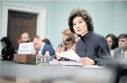  ??  ?? IN THE CLEAR: Elaine Chao, The Trump administra­tion’s transporta­tion secretary, testifies on Capitol Hill in Washington, on Feb 27, 2020.