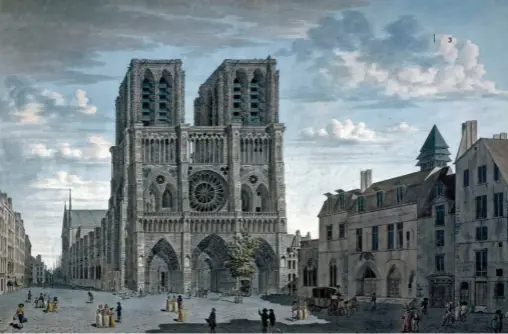  ??  ?? Parvis et façade de Notre-dame de Paris et entrée de l'ancien hôtel- Dieu, sous le Consulat. La constructi­on de la cathédrale s'étend sur plus de 200 ans, de 1163 au milieu du xive siècle. Dessin d'angelo Garbizza (1777-1813), entre 1798 et 1808 (Musée Carnavalet, Paris).