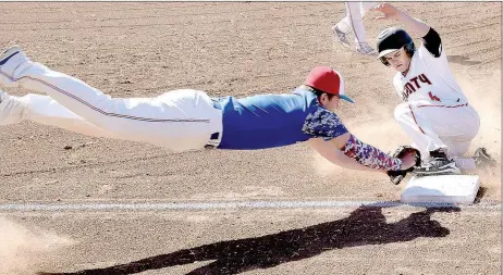  ?? PHOTO BY RICK PECK ?? McDonald County’s James King slides into third base ahead of a tag by a diving third baseman from East Newton during the Mustangs’ 6-3 win at a jamboree held Friday night at MCHS.