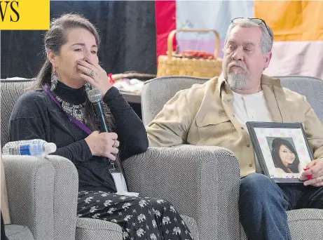  ?? THE CANADIAN PRESS/ANDREW VAUGHAN ?? Pam Fillier is supported by her husband Fred Fillier at the National Inquiry into Missing and Murdered Indigenous Women and Girls in Moncton, N.B. on Tuesday. Fillier’s daughter Hilary Bonnell, was found dead two months after she vanished from the...