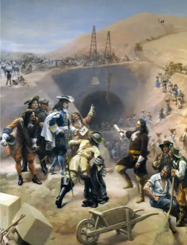  ??  ?? Le Chantier du canal des Deux-mers (1896), de Jean-noël Sylvestre ; musée du Biterrois, à Béziers. Où Pierre-paul Riquet est figuré accueillan­t les envoyés de Louis XIV devant l’entrée du tunnel de Malpas, creusé en 1679-1680 à Nissan-lez-ensérune (Hérault), par lequel passe le canal du Midi.