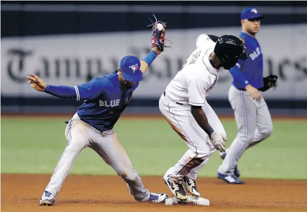  ?? CHRIS O’MEARA / THE ASSOCIATED PRESS ?? Blue Jays second baseman Lourdes Gurriel Jr. holds up the ball after tagging out Tampa Bay’s Denard Span on a stolen-base attempt Friday night.