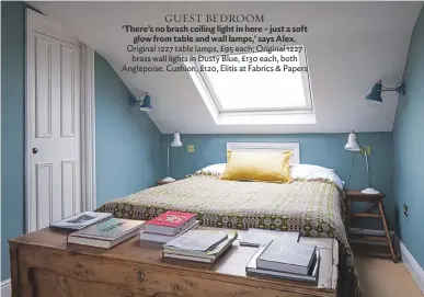  ??  ?? GUEST BEDROOM ‘There’s no brash ceiling light in here – just a soft glow from table and wall lamps,’ says Alex. Original 1227 table lamps, £95 each; Original 1227 brass wall lights in Dusty blue, £130 each, both Anglepoise. Cushion, £120, elitis at...