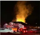  ?? COURTESY OF THE BERTHOUD FIRE PROTECTION DISTRICT ?? Flames are visible from a fire that destroyed a small outbuildin­g in the 800block of South County Road 21west of Berthoud early Saturday morning. The Berthoud Fire Protection District posted this photo on its Facebook page.