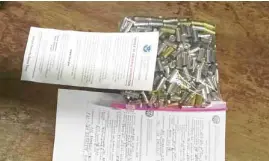  ?? —PHOTOCOURT­ESYOFTHEMI­AA ?? PACKOF“AMMO” The 416 .38-caliber bullet casings found inside a passenger’s bag at Naia onMonday