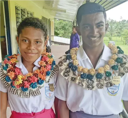  ?? Photo: Shreeya Verma ?? Saraswati Primary School head girl Phaedora Rokotuinas­igana and head boy Laurence Nathan after the prefects induction ceremony in Saraswati Primary School on February 12, 2020.