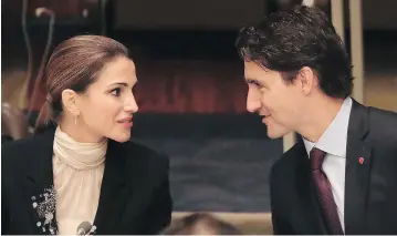  ?? JULIE JACOBSON / THE ASSOCIATED PRESS ?? Prime Minister Justin Trudeau greets Queen Rania of Jordan before a meeting at the UN headquarte­rs on Monday. There is undoubtedl­y more enthusiasm about the UN than the Harper government ever mustered, John Ivison writes.