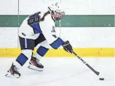  ?? ALAN ARSENAULT/ TELEGRAM & GAZETTE ?? Leominster’s Rachel Simkewicz skates on a breakaway against Auburn during Friday night’s game at the Wallace Civic Center in Fitchburg.